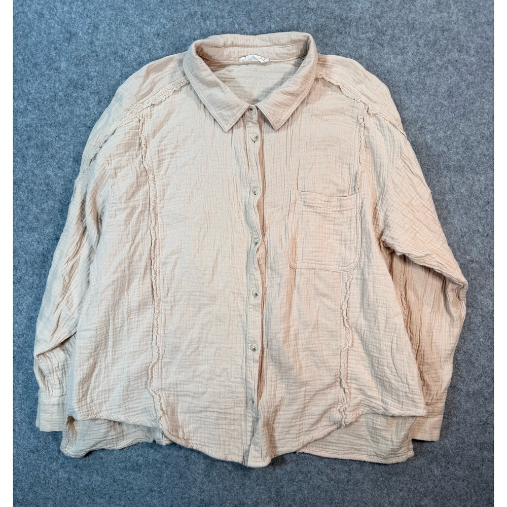 New In Gauze‎ Button Down Shirt Peach Pink Cotton Raw Edge Boho Top L